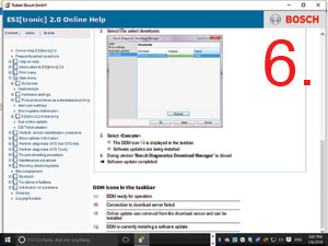 Help is at hand If you’re new to using Bosch automotive diagnostics or still finding your way around the tool, another really useful feature is the ‘ESI[tronic] 2.0 Online Help’ tool. It is accessed by clicking the ‘question mark’ (?) button in the top right hand corner of the screen. Although it is called ‘online’ help, you don’t actually have to be on the internet to use it! A searchable and interactive help library will open in a new window and assist you on many KTS/ESI topics (see Fig 6). ESI 2.0 is a huge software program, so for the best speed and performance we recommend using a PC device with at least 4 GB of RAM and a 1.6 GHz or higher processor. Currently, the Windows operating systems that are supported are: Windows XP with Service Pack 3 (32 bit), Windows Vista (32 bit), Windows 7 (32/64 bit) and Windows 8/8.1 (32/64 bit). Additionally there is more good news as from the 2016/1 DVD version onwards Windows 10 is now officially supported as well. Another occasional obstacle that you might experience when updating your software from Bosch is that your anti-virus software application may trigger an automatic block of an installation file. If problems are experienced, you can always call our Bosch ESI[tronic] support helpline for advice. Our technical team will do their best to get you up and running again as quickly as possible. To find out how you can get in contact you should log on to: www.boschworkshopworld.co.uk. Online licensing feature As with many technology-based solutions, the internet brings us more convenience and the online licensing feature is a great example of this. It is accessed from the main menu and is a reliable way to instantly activate or renew your annual ESI 2.0 software subscription at any time on the internet with a valid customer number and password. If you don’t have a current subscription, you should call your local equipment supplier to set up or renew your contract.