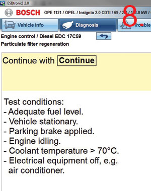 Specific test plan Next on the main Test Steps selection list is Function tests and this basically does what the name suggests. These tests are diagnostic routines that will use a specific test plan to determine the operation state of a component or system. For instance, in Bosch ESI 2.0 you will see bespoke braking tests for Bosch ABS/ESP systems that are best performed on a ‘roller brake tester’. Other function tests could be available, such as cylinder balancing or a systems output self-test. These can be a valuable aid in fault finding work and then later confirming a repair to the vehicle. Adjustments/settings are diagnostic procedures where stored values can be reset or changed within the control unit. For example, this could be a service lamp reset or component adaptations; fuel quantity adjustment (injector IMA coding) if a new diesel injector has been fitted; TPMS coding if a tyre pressure sensor has been replaced; or rain/light sensor adaptation if the windscreen has been renewed. A selection of further options are visible in Fig 7. Special functions are advanced and specialist operations that require attention to detail in order to perform the tasks. This could be a diesel particulate filter (DPF) regeneration or ESP brake system fluid bleeding. This type of function should only be performed by qualified and experienced technicians who must follow the tester instructions carefully. Often an assistant is required to help get the job done. Certain routines will only work if the set preconditions are followed (see Fig 8). In the ESI 2.0 Function tests, Adjustment/settings and Special functions, the pre-conditions are always stated in the information text screens that precede the start of the routine. If the KTS detects that the preconditions are not met it will delay the start of the test and display on screen the values that are outside of their expected range so that you can rectify the situation and continue with the function. The Service tasks tab in ESI 2.0 is also a very useful feature which provides a quick link to perform a vehicle service related task by selecting from the categorised function list (see Fig 9). This is helpful, for example, when you’re not sure where to reset the service light. Nowadays this could be in the instrument cluster, body computer or Engine ECU. By using the Service tasks menu the selection provides a Shortcut straight to the correct system and will reduce the number of clicks that are required.
