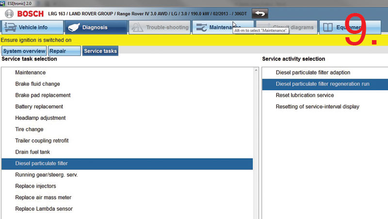 Specific test plan Next on the main Test Steps selection list is Function tests and this basically does what the name suggests. These tests are diagnostic routines that will use a specific test plan to determine the operation state of a component or system. For instance, in Bosch ESI 2.0 you will see bespoke braking tests for Bosch ABS/ESP systems that are best performed on a ‘roller brake tester’. Other function tests could be available, such as cylinder balancing or a systems output self-test. These can be a valuable aid in fault finding work and then later confirming a repair to the vehicle. Adjustments/settings are diagnostic procedures where stored values can be reset or changed within the control unit. For example, this could be a service lamp reset or component adaptations; fuel quantity adjustment (injector IMA coding) if a new diesel injector has been fitted; TPMS coding if a tyre pressure sensor has been replaced; or rain/light sensor adaptation if the windscreen has been renewed. A selection of further options are visible in Fig 7. Special functions are advanced and specialist operations that require attention to detail in order to perform the tasks. This could be a diesel particulate filter (DPF) regeneration or ESP brake system fluid bleeding. This type of function should only be performed by qualified and experienced technicians who must follow the tester instructions carefully. Often an assistant is required to help get the job done. Certain routines will only work if the set preconditions are followed (see Fig 8). In the ESI 2.0 Function tests, Adjustment/settings and Special functions, the pre-conditions are always stated in the information text screens that precede the start of the routine. If the KTS detects that the preconditions are not met it will delay the start of the test and display on screen the values that are outside of their expected range so that you can rectify the situation and continue with the function. The Service tasks tab in ESI 2.0 is also a very useful feature which provides a quick link to perform a vehicle service related task by selecting from the categorised function list (see Fig 9). This is helpful, for example, when you’re not sure where to reset the service light. Nowadays this could be in the instrument cluster, body computer or Engine ECU. By using the Service tasks menu the selection provides a Shortcut straight to the correct system and will reduce the number of clicks that are required.