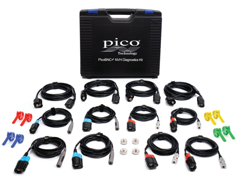 A Pico Technology PicoBNC+ NVH Diagnostics Kit set layout, showing a hard black plastic carrying case surrounded by arranged coiled adapter cables, colored diagnostic clips, sensor probes, and mounting magnets.