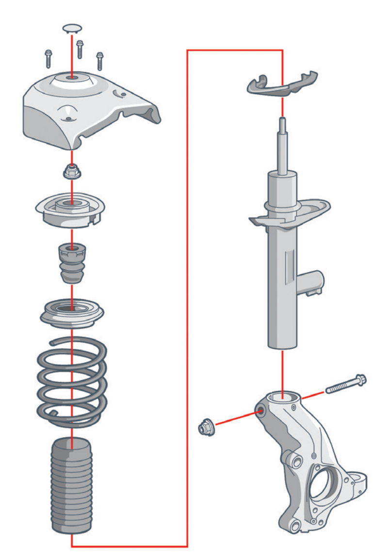 Exploded view diagram of a front suspension MacPherson strut assembly, showcasing the installation order of the chassis mount, top strut bearing, coil spring, damper, bump stop, and steering knuckle connected by a red alignment line.