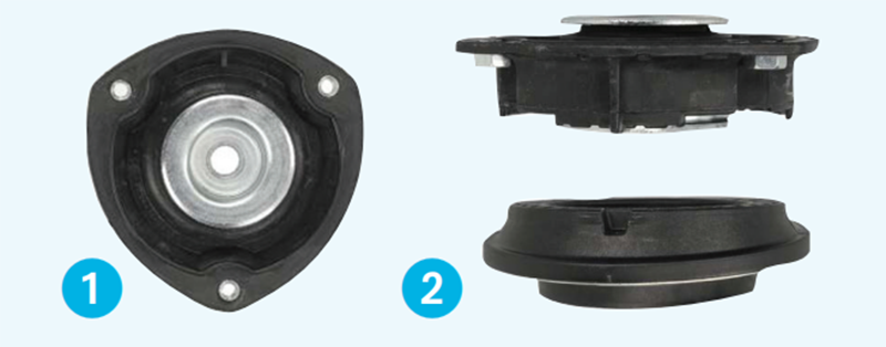 Comparison of a vehicle suspension top strut mount alignment, labeled 1 showing a top-down view of the triangular mount with arrows, and labeled 2 showing a side profile view of the strut mount and bearing assembly.