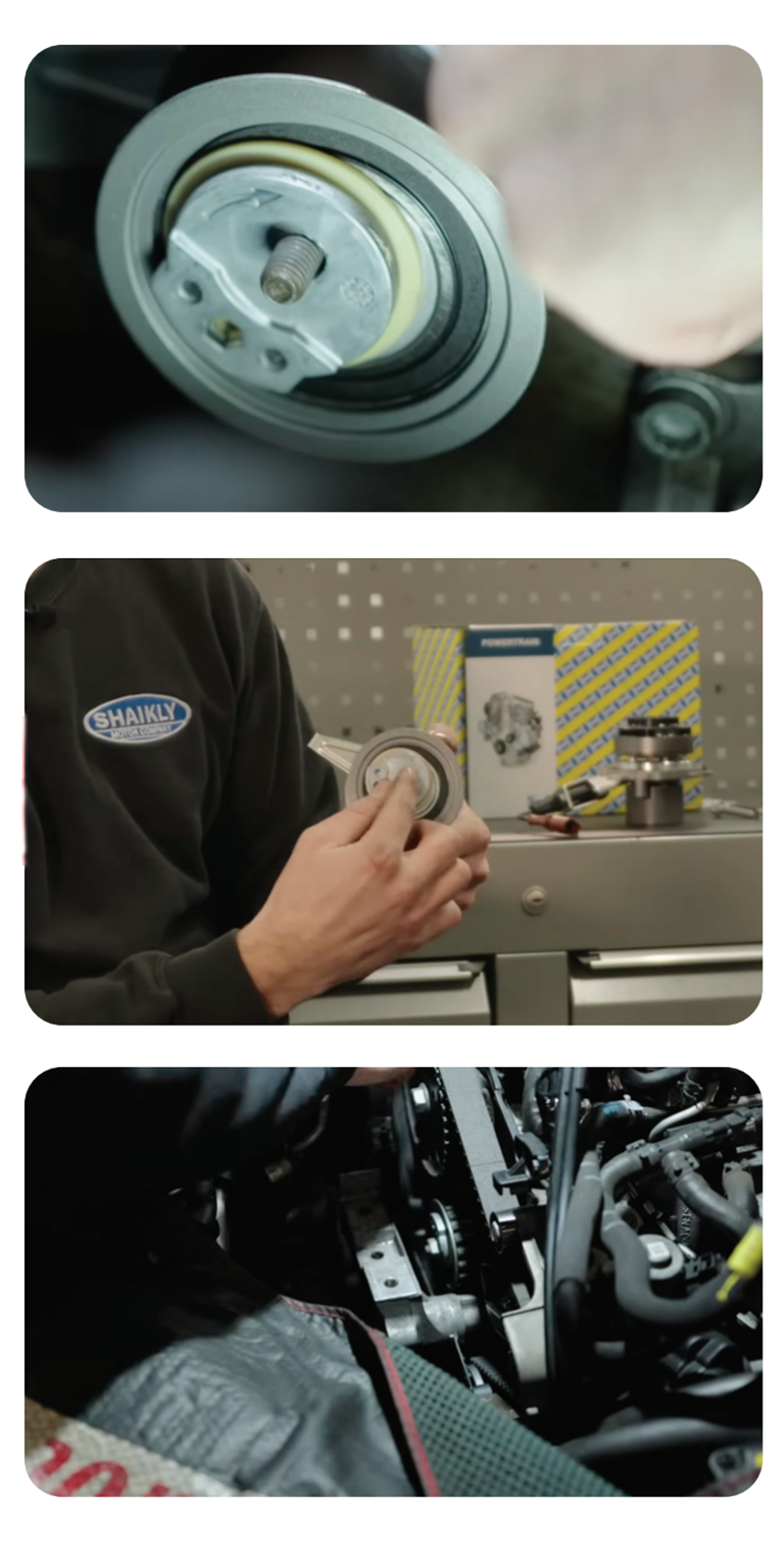 A step-by-step automotive collage showing a close-up of a timing belt tensioner arrow indicator, a technician pointing to the part at a workbench, and the installed timing belt kit inside an engine bay.