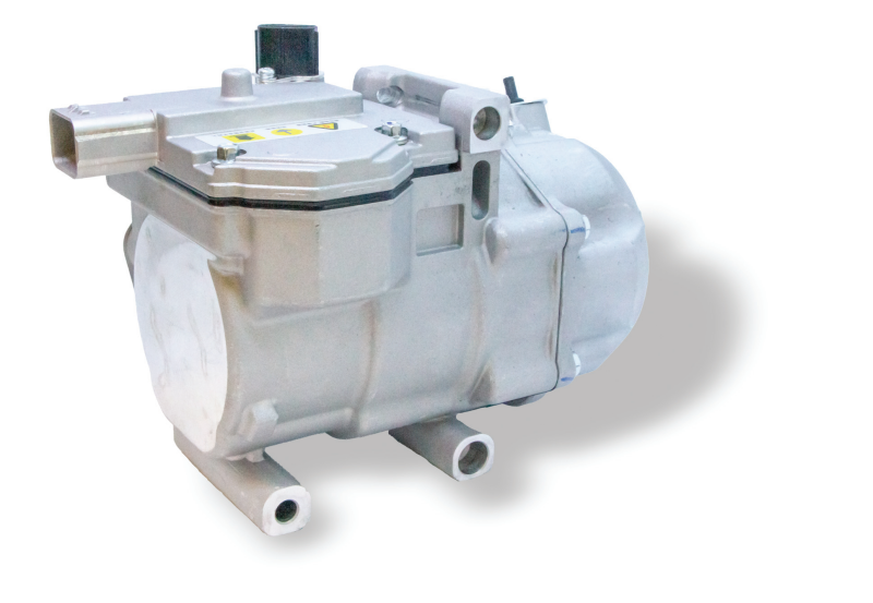 An OE-quality electric air conditioning compressor part designed for hybrid and electric vehicles, shown on a clean white background.