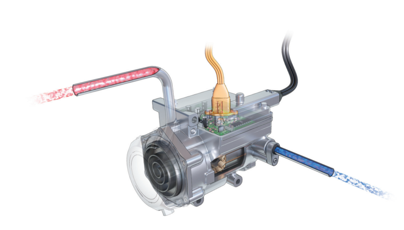 A technical 3D diagram illustrating the internal components, circuitry, and refrigerant flow lines of an automotive electric A/C compressor.