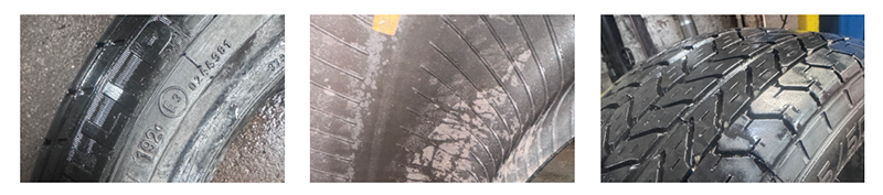 Three side-by-side close-up images illustrating tire markings, inner liner damage, and tread wear characteristics on part-worn tyres.