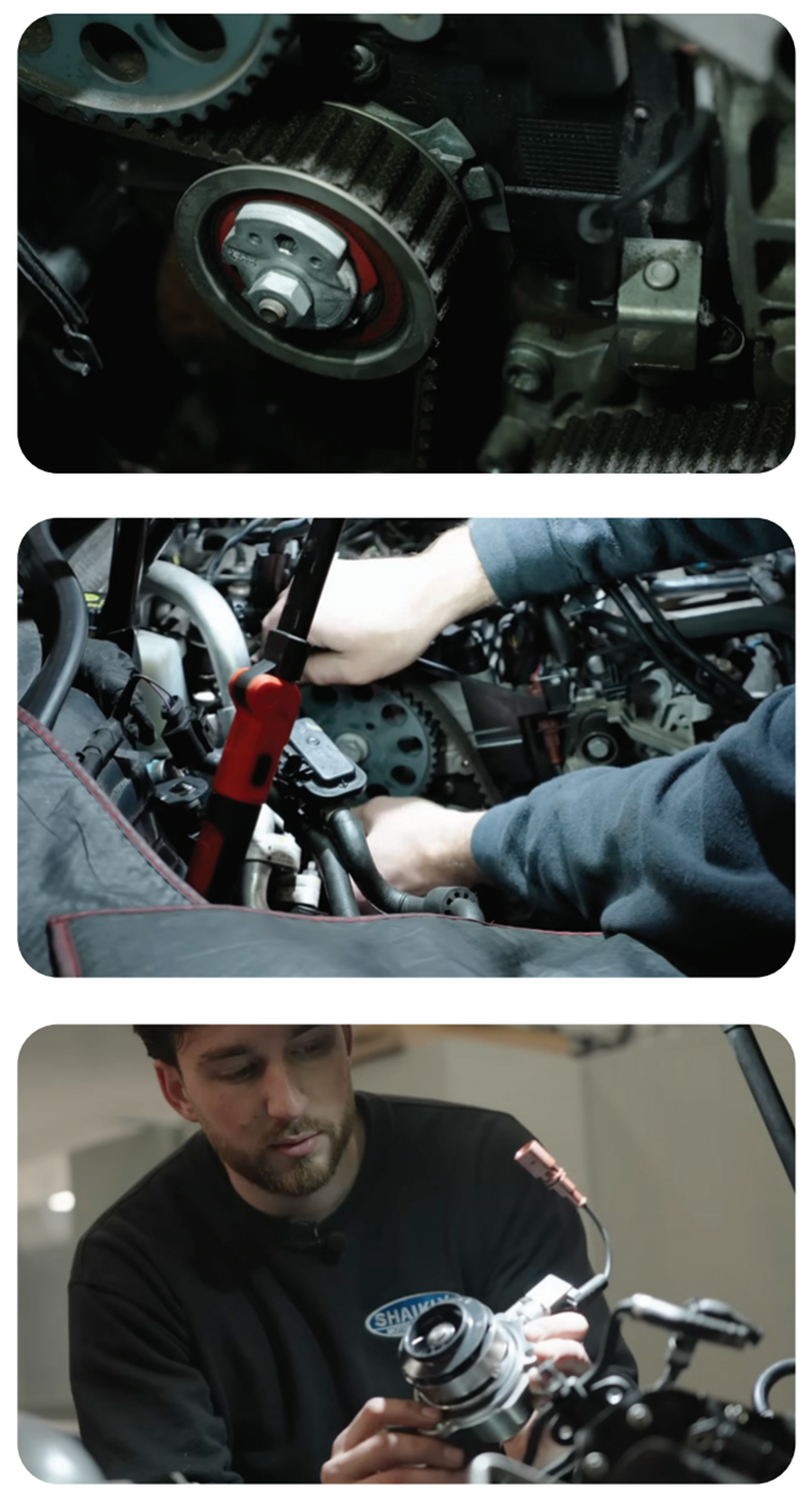 A three-image collage showing an engine timing belt kit installation, hands working inside the car engine bay, and a technician inspecting a replacement water pump.