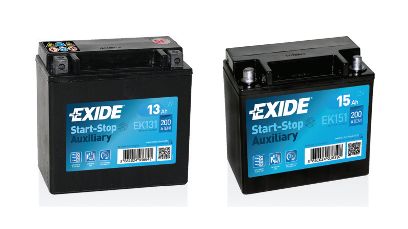 Two Exide Start-Stop Auxiliary 12V batteries (13 Ah EK131 and 15 Ah EK151) displayed side by side against a white background.