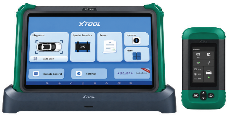 XTOOL diagnostic tablet seated in a charging dock alongside a handheld green VCI module.