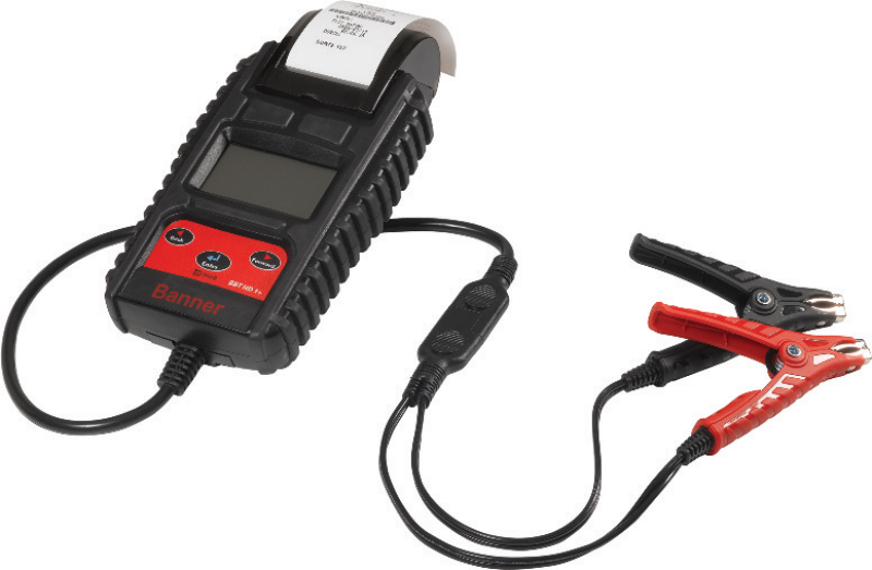 Banner digital battery tester with integrated thermal printer and heavy-duty terminal clamps.