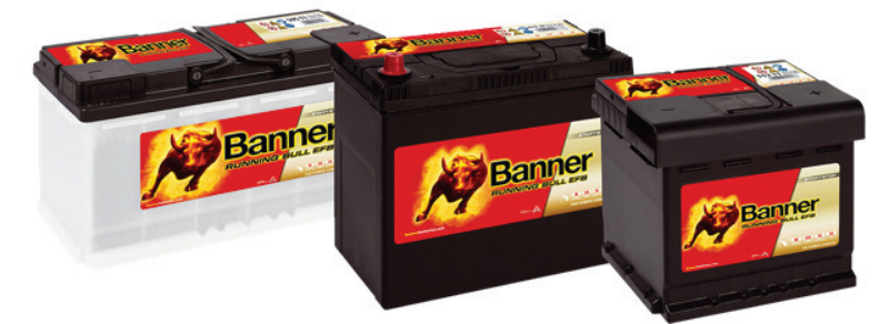 Three Banner Running Bull EFB automotive batteries arranged in a group shot against a white background.