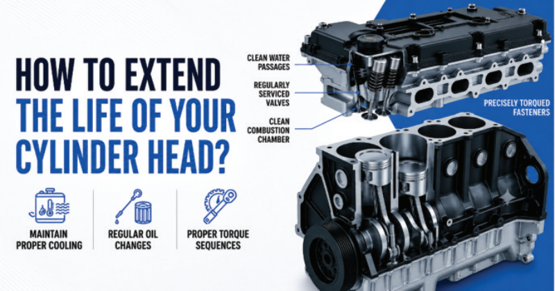 Infographic titled "How to Extend the Life of Your Cylinder Head?" detailing engine maintenance best practices alongside rendered 3D models of a cylinder head assembly and engine block.