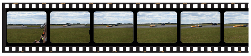 Film strip contact sheet sequence showing a yellow and black high-speed streamliner vehicle traveling down an airfield runway.