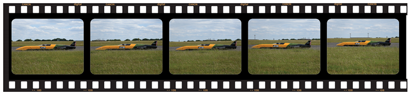 Film strip contact sheet sequence showing a side-profile view of the yellow and black JCB streamliner vehicle traversing the airfield track.