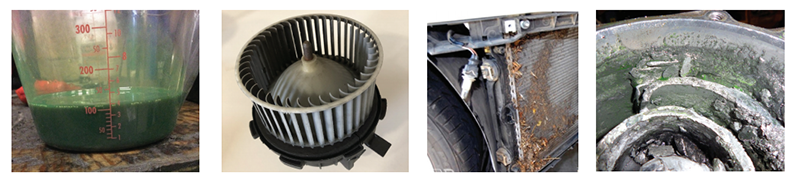 Four panel grid showing automotive A/C issues: measured green dye fluid, a blower motor wheel, a debris-clogged condenser core, and corroded component interiors.