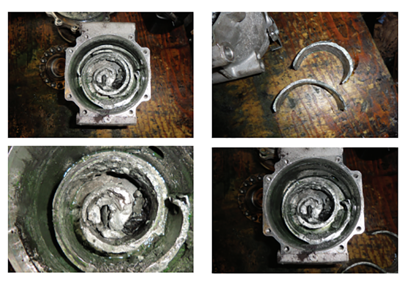 Four-panel composite image showing catastrophic internal damage to a disassembled scroll-type A/C compressor with metal debris and broken components.