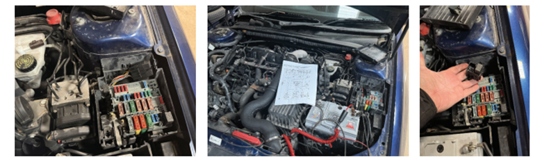 A three-panel composite photograph showing diagnostic troubleshooting on a Peugeot 406 Estate engine bay: the left panel displays an open engine fuse box with colored blade fuses; the middle panel shows a wider view of the engine compartment with a diagnostic wiring diagram sheet laid across engine components and jump leads attached to the battery; the right panel features a technician holding an extracted automotive relay above the open fuse box.