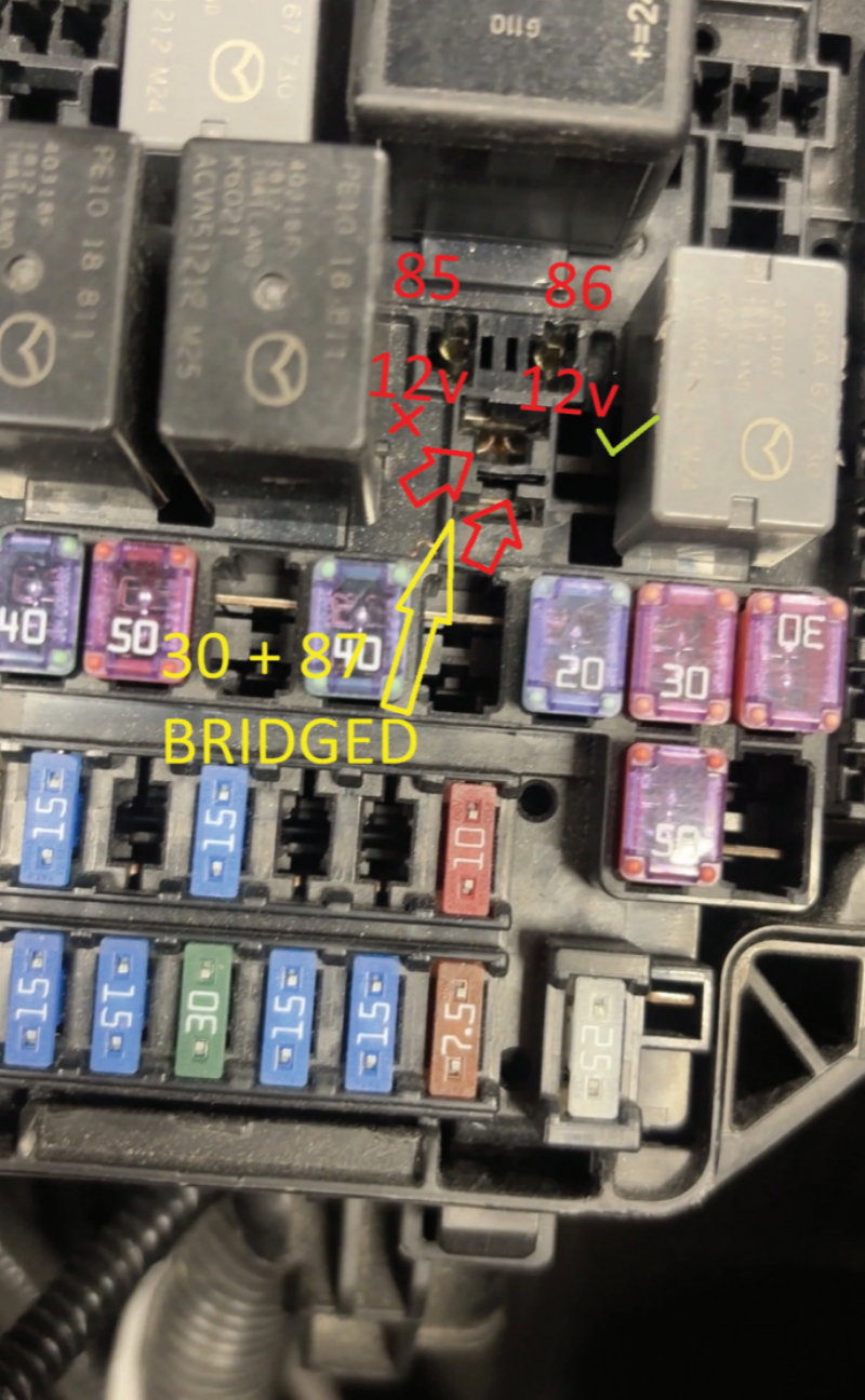 Fig 2 - The relay terminals 85 and 86 both had 12V present even when attempting to crank – smoking gun? I should be so lucky