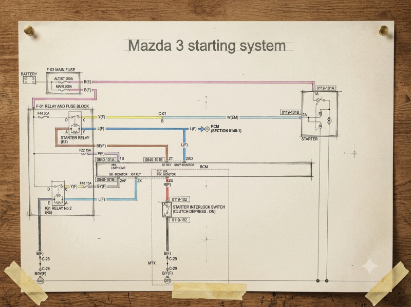 Fig 3 – Note terminals A and E on the wiring diagram. Tracing the brown wire back to the BCM we can see that the BCM grounds this wire when authorised and the blue wire on terminal E is energized with 12V with a monitoring line back to the BCM – very Mazda.